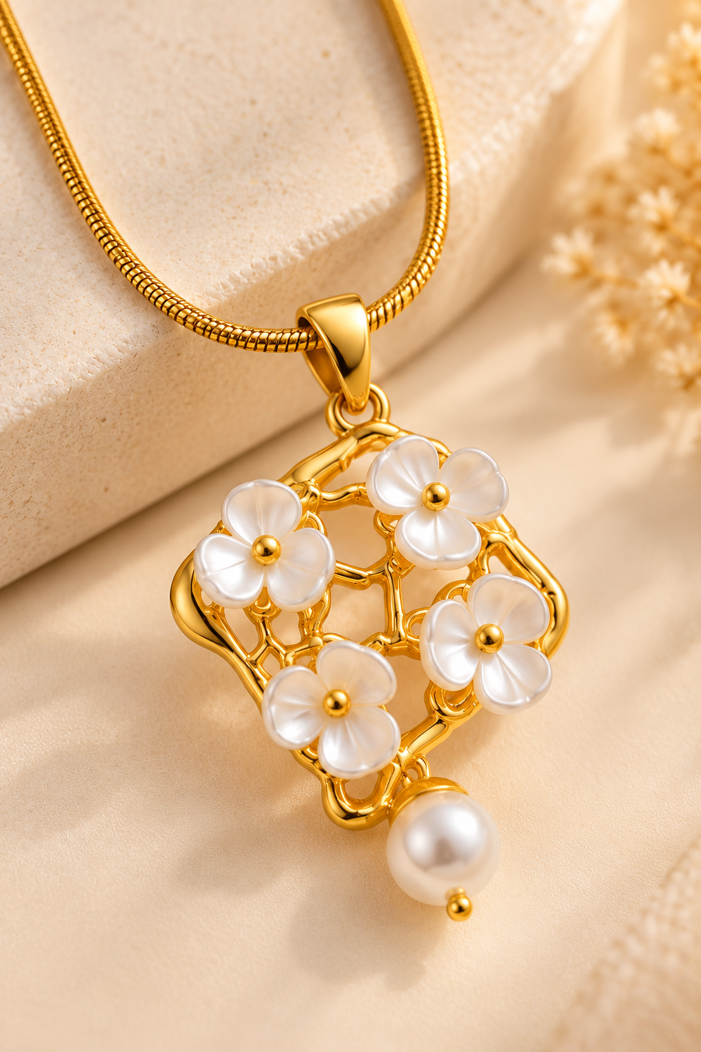 Anti-Tarnish Gold-Tone White Floral Pendant Necklace