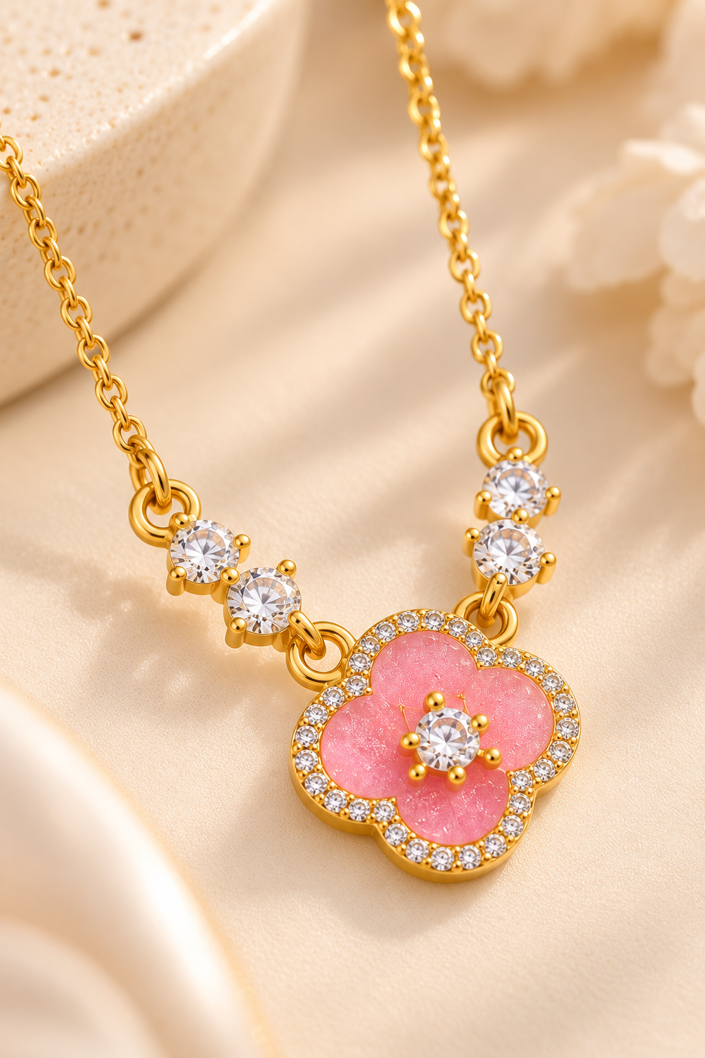 18K Gold-Finish Anti-Tarnish Pink Round Pendant Necklace