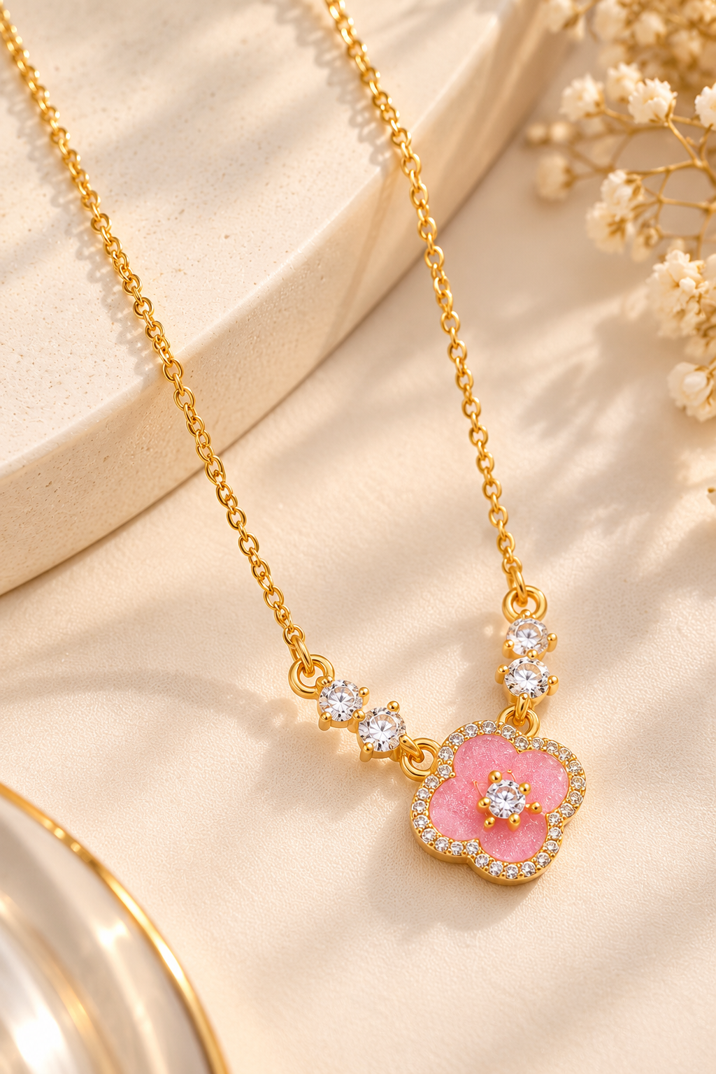 18K Gold-Finish Anti-Tarnish Pink Round Pendant Necklace