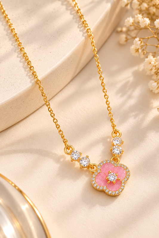 18K Gold-Finish Anti-Tarnish Pink Round Pendant Necklace