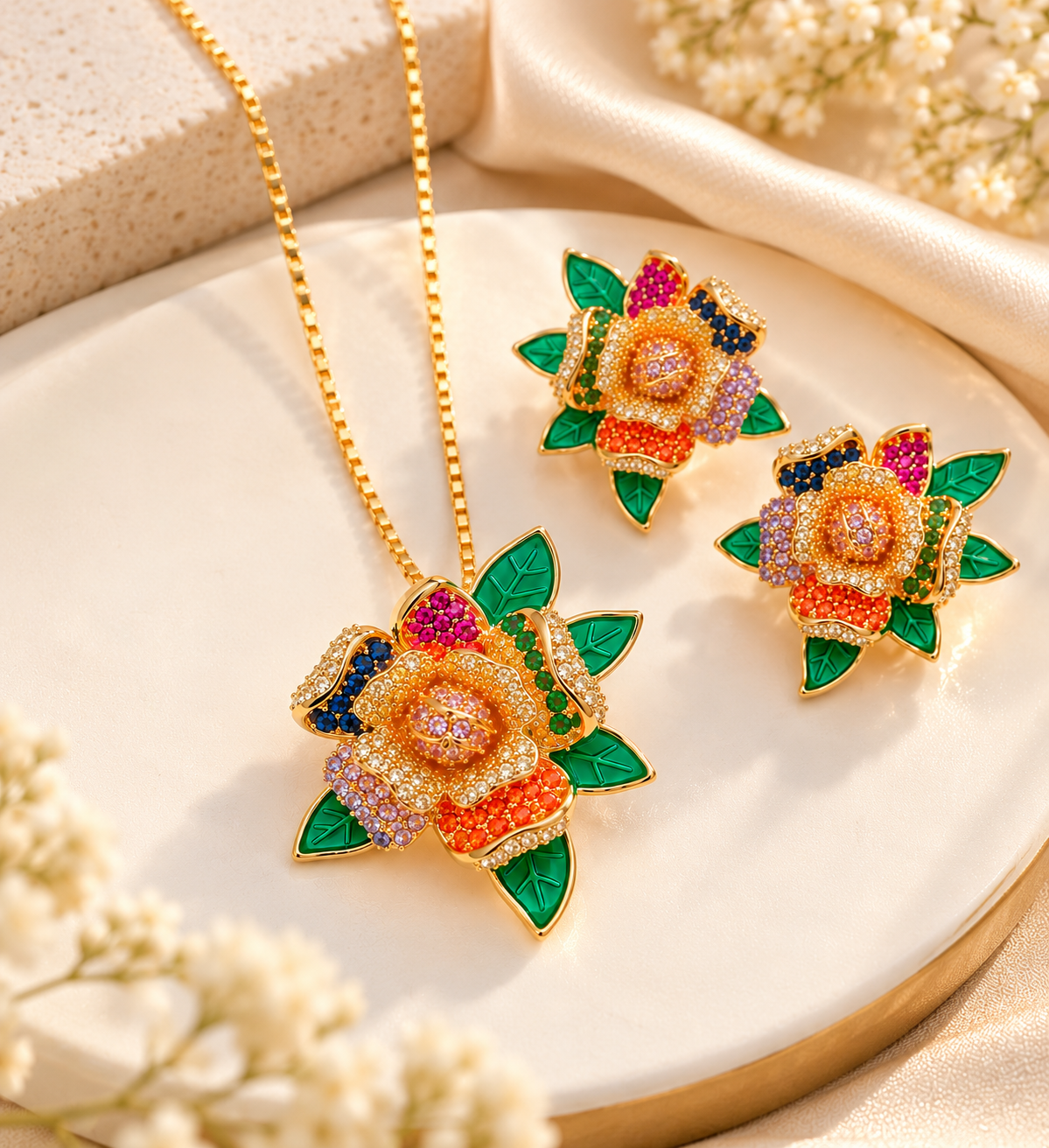 18K Gold-Finish Anti-Tarnish Multicolour Floral & Green Leaf Jewellery Set