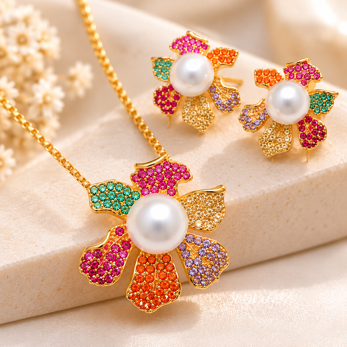18K Gold-Finish Anti-Tarnish Multicolour Pearl-Look Flower Necklace Set
