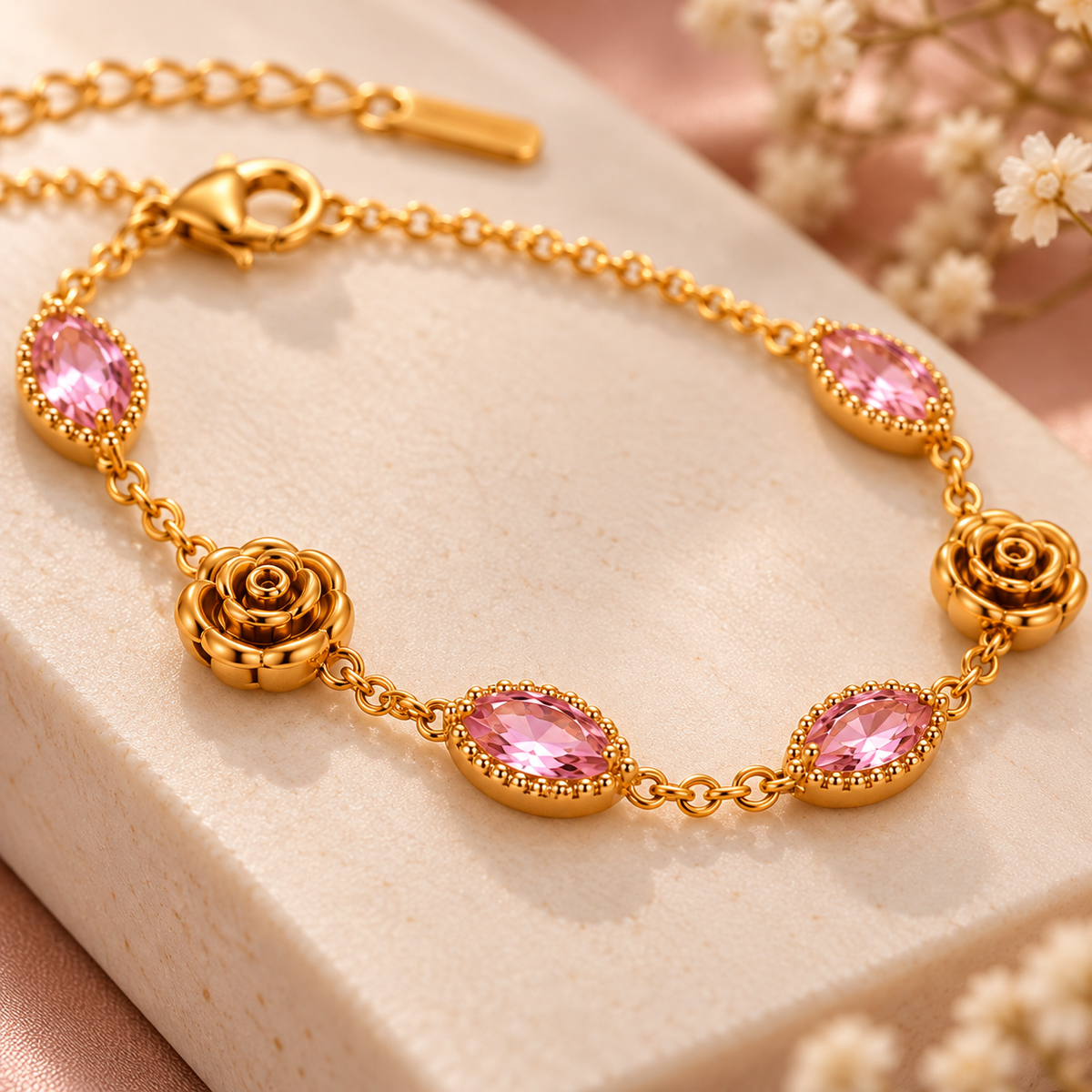 Pink Blossom Gold-Tone Rose Bracelet