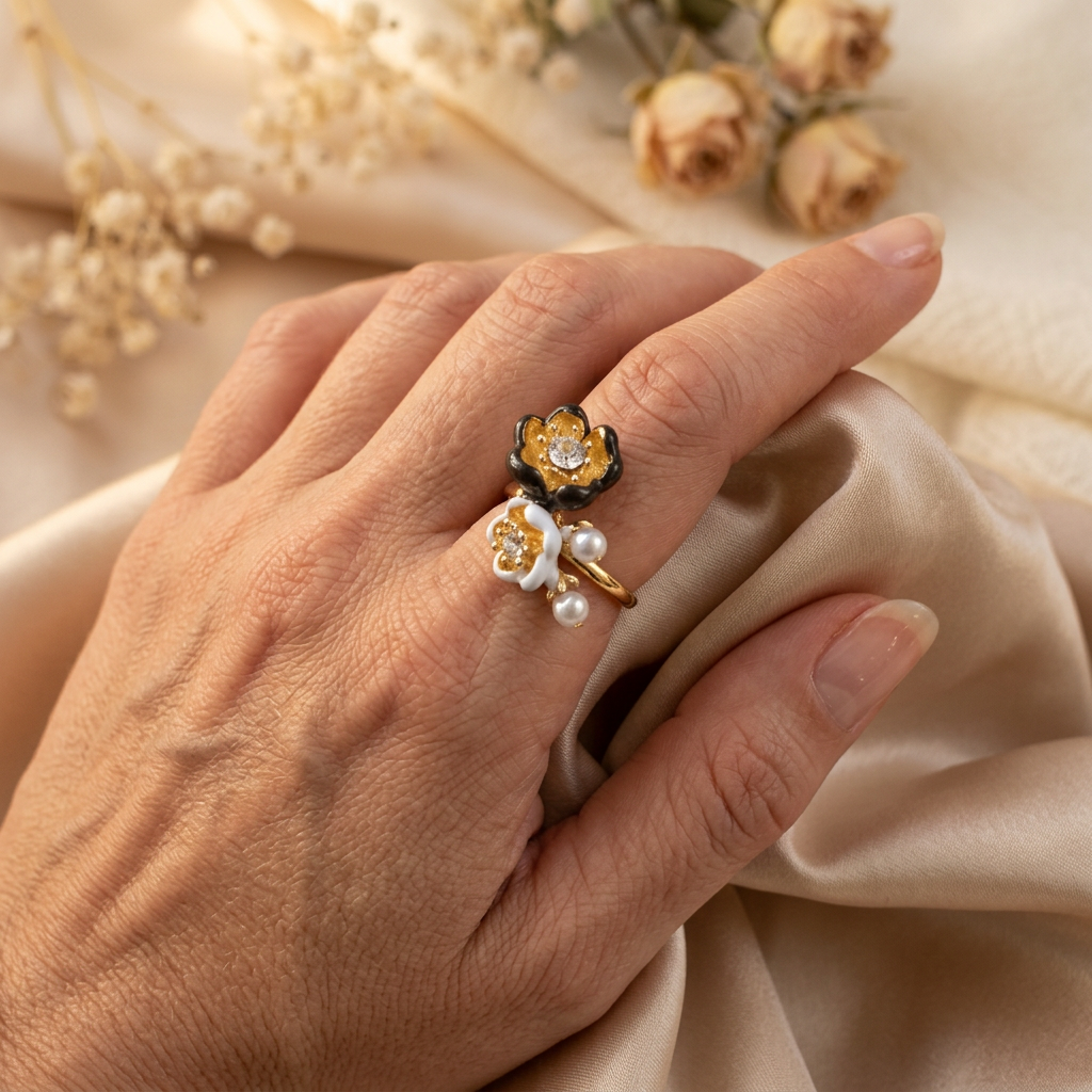 Camelline twin-flower ring with two pearl-like accents worn on an adult hand holding champagne satin