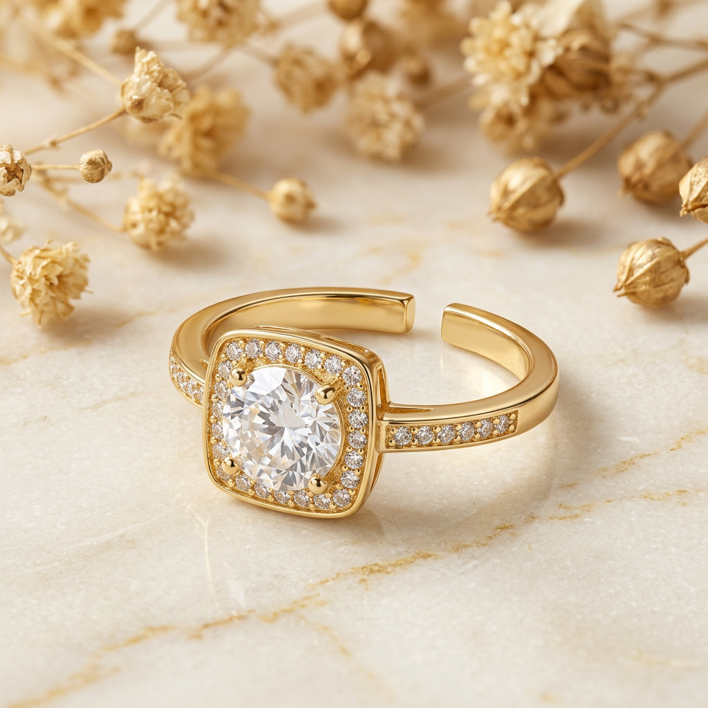 Clarielle clear square halo ring on cream marble with plain rear opening visible