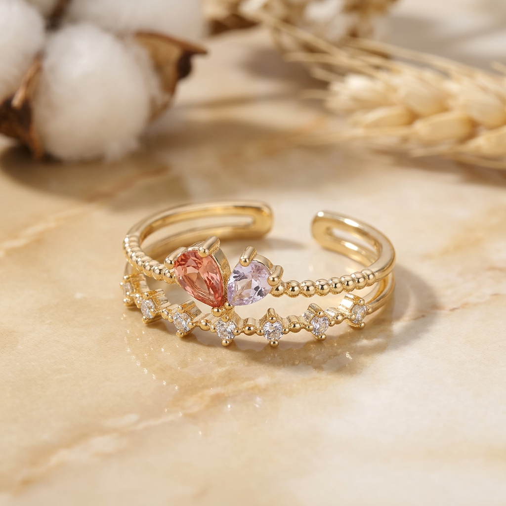 Close-up of peach and lilac teardrops, beaded upper row, clear lower stones and separated rear band ends.