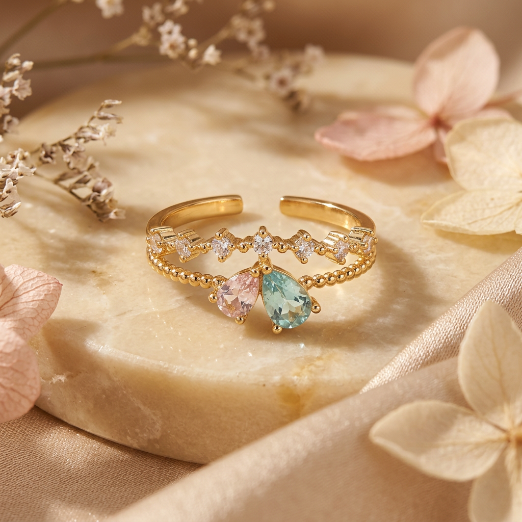 Pink and aqua teardrop two-row ring on a cream pedestal with champagne satin and delicate dried flowers.