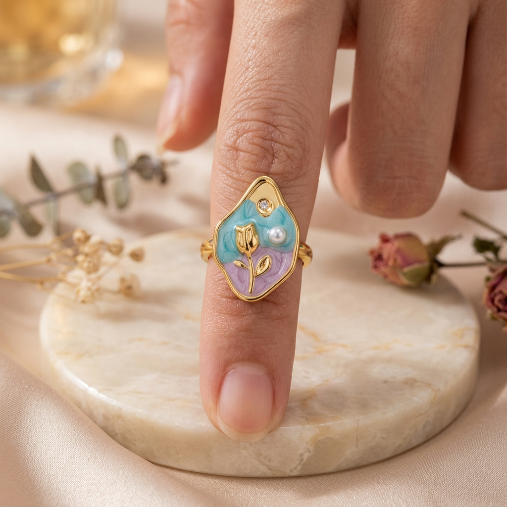 Generated Rosaline aqua-and-lilac flowerbud ring shown on a finger above a cream pedestal