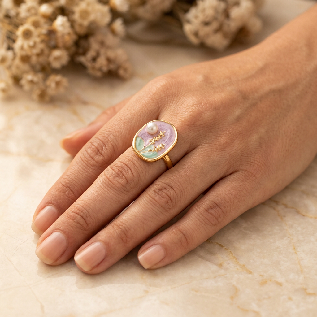 Lavielle lilac-and-mint botanical ring worn on an adult hand resting naturally on cream marble