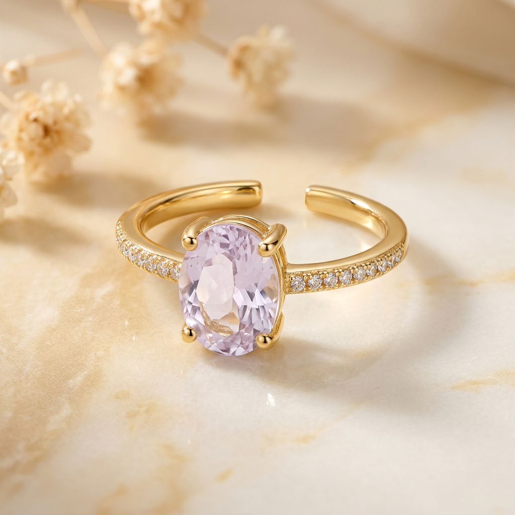 Close-up of lilac oval centre stone, four gold-tone prongs, clear shoulder stones and separated rear band ends.