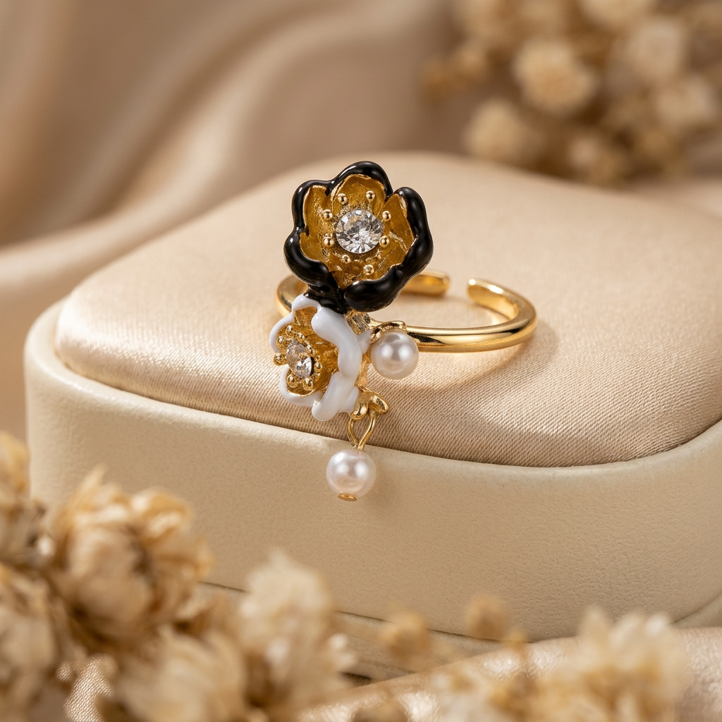 Camelline black and white twin-flower ring on a cream pedestal with champagne satin and a visible open-back band
