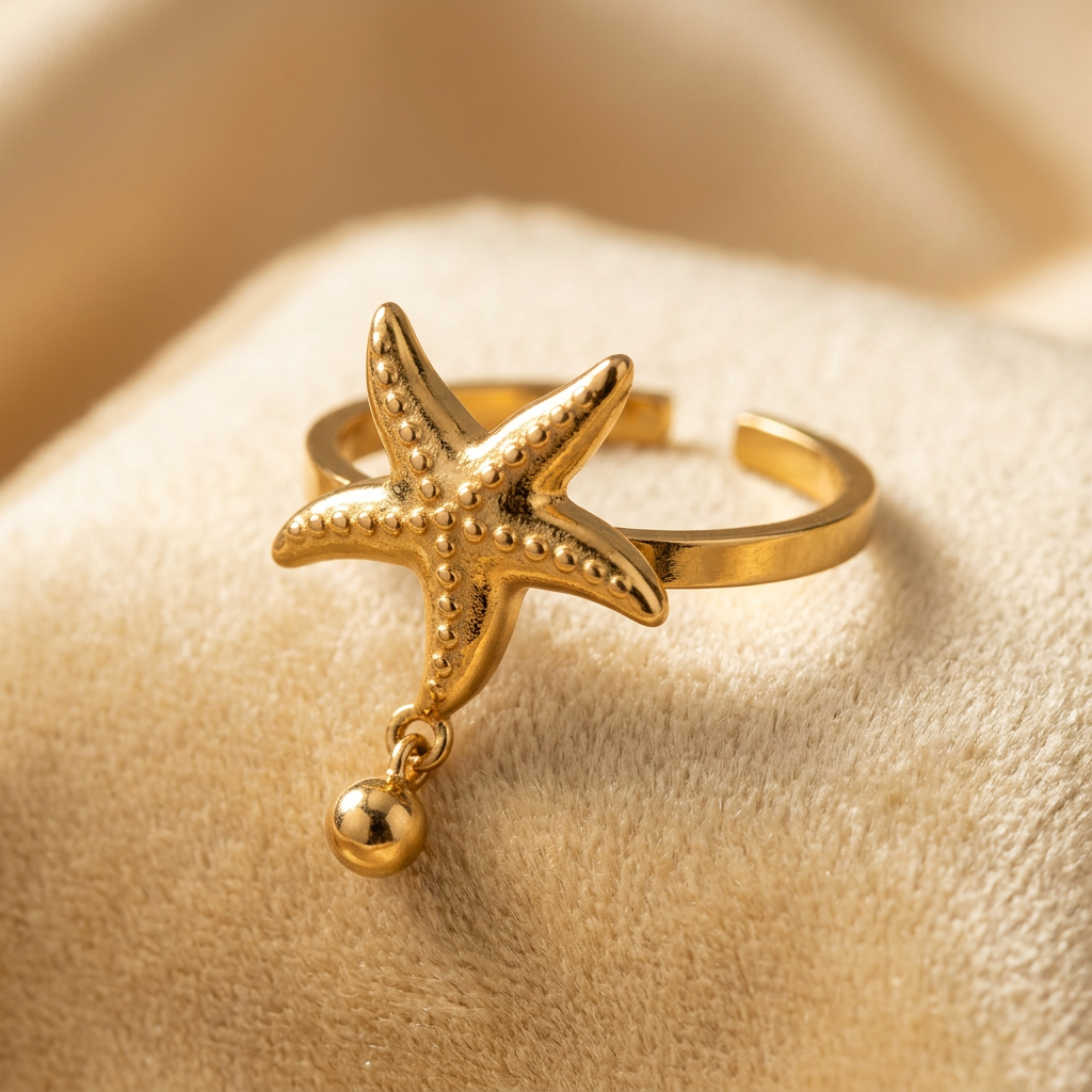 Close-up of gold-tone starfish ring showing raised dotted details, dangling bead and open rear band.