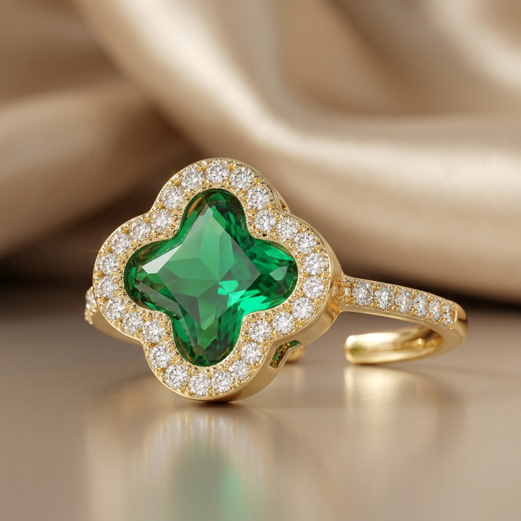 Close-up of Cloverelle green four-lobed centre, clear-stone halo and gold-tone shoulder