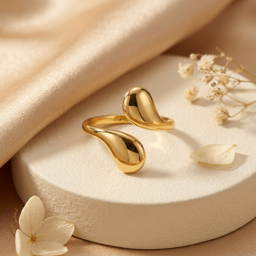 Gold-tone teardrop wrap ring on cream pedestal with champagne satin and dried flowers.