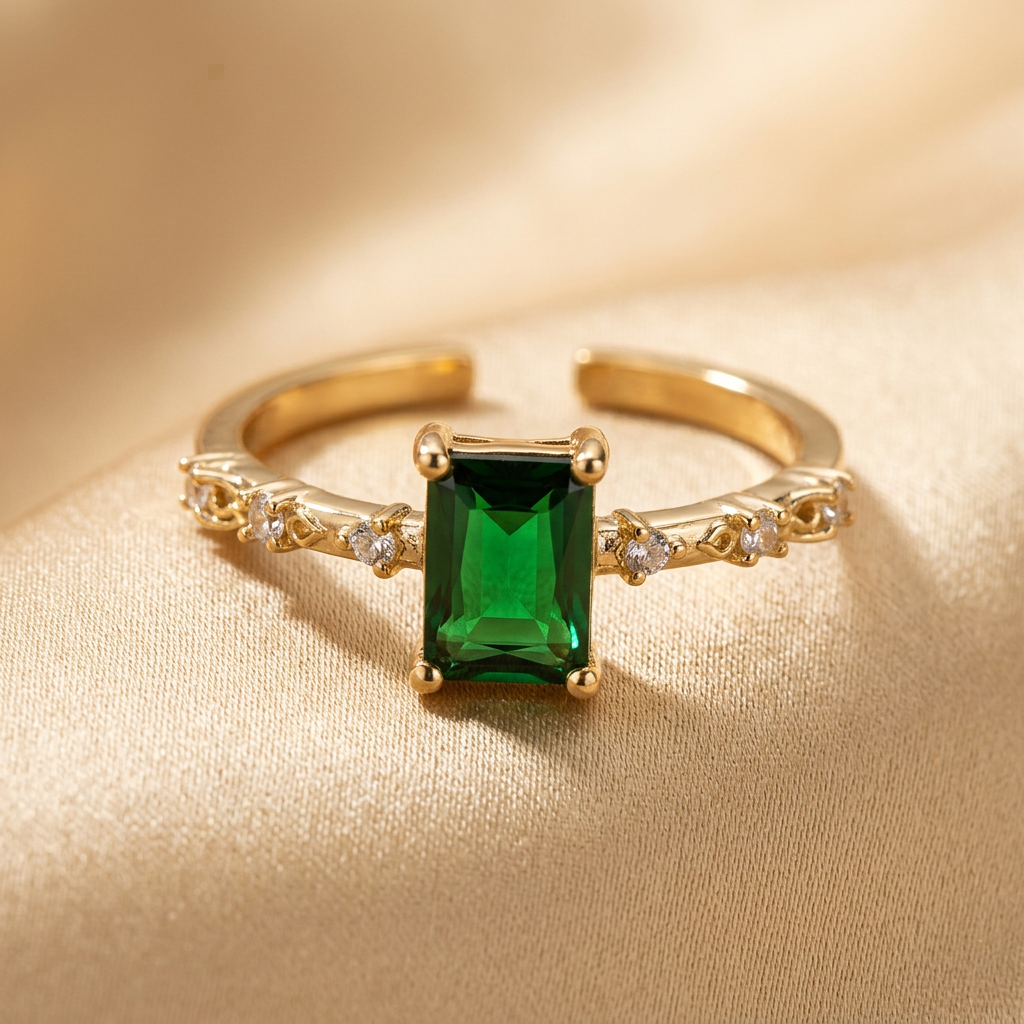 Close-up of rectangular green stone, four gold-tone prongs, clear shoulder accents and open rear band.