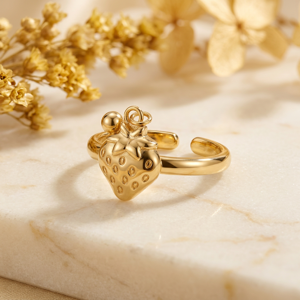 Gold-tone strawberry ring on cream marble with softly blurred golden flowers.
