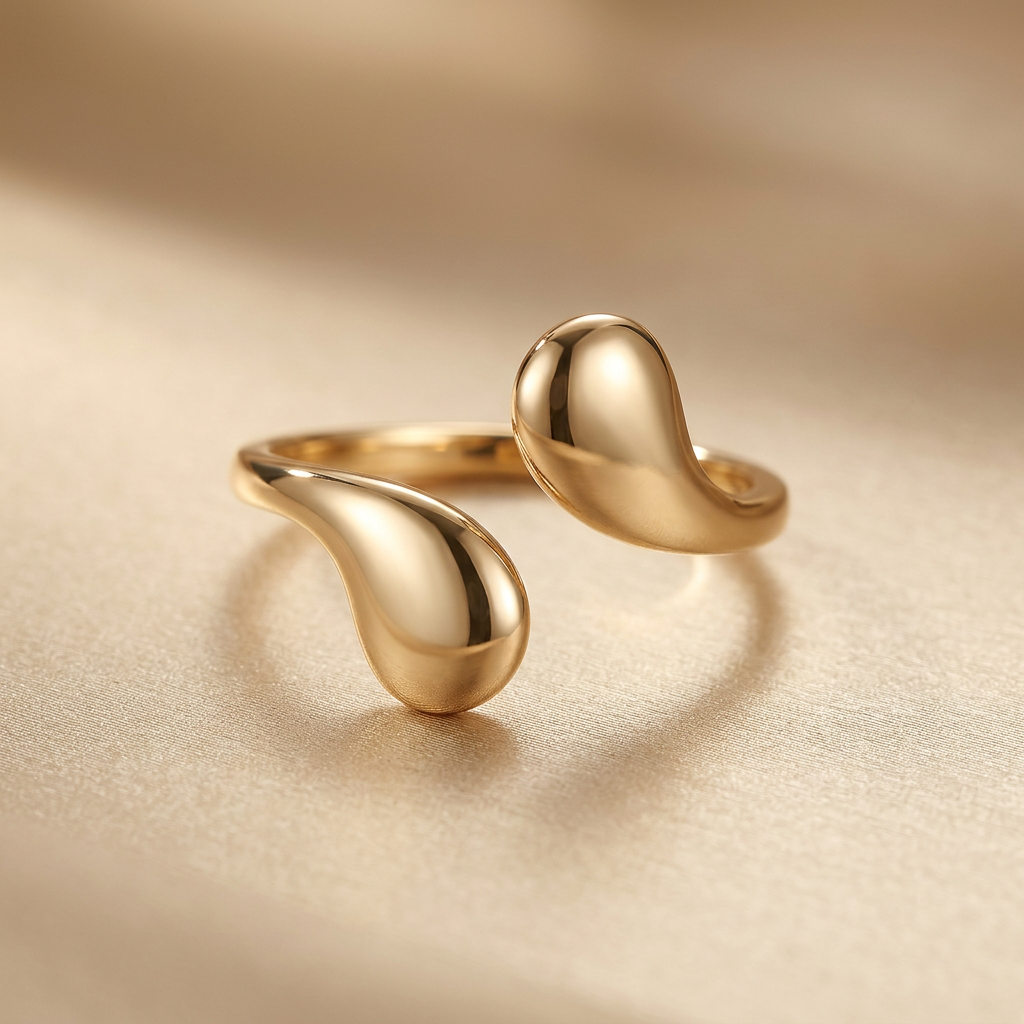 Close-up of opposing polished teardrop ends and front gap on gold-tone ring.