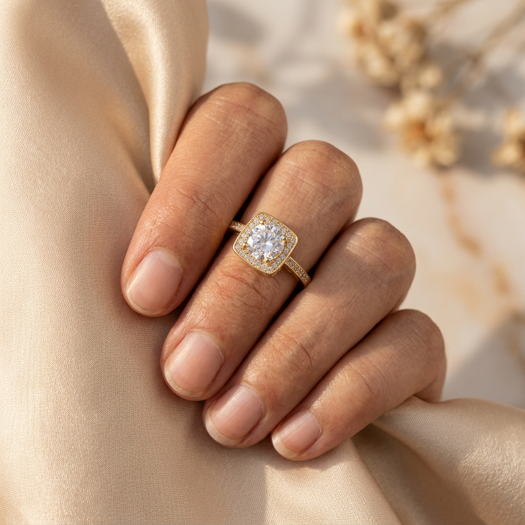 Clarielle clear square halo ring worn on an adult hand gently gathering champagne satin