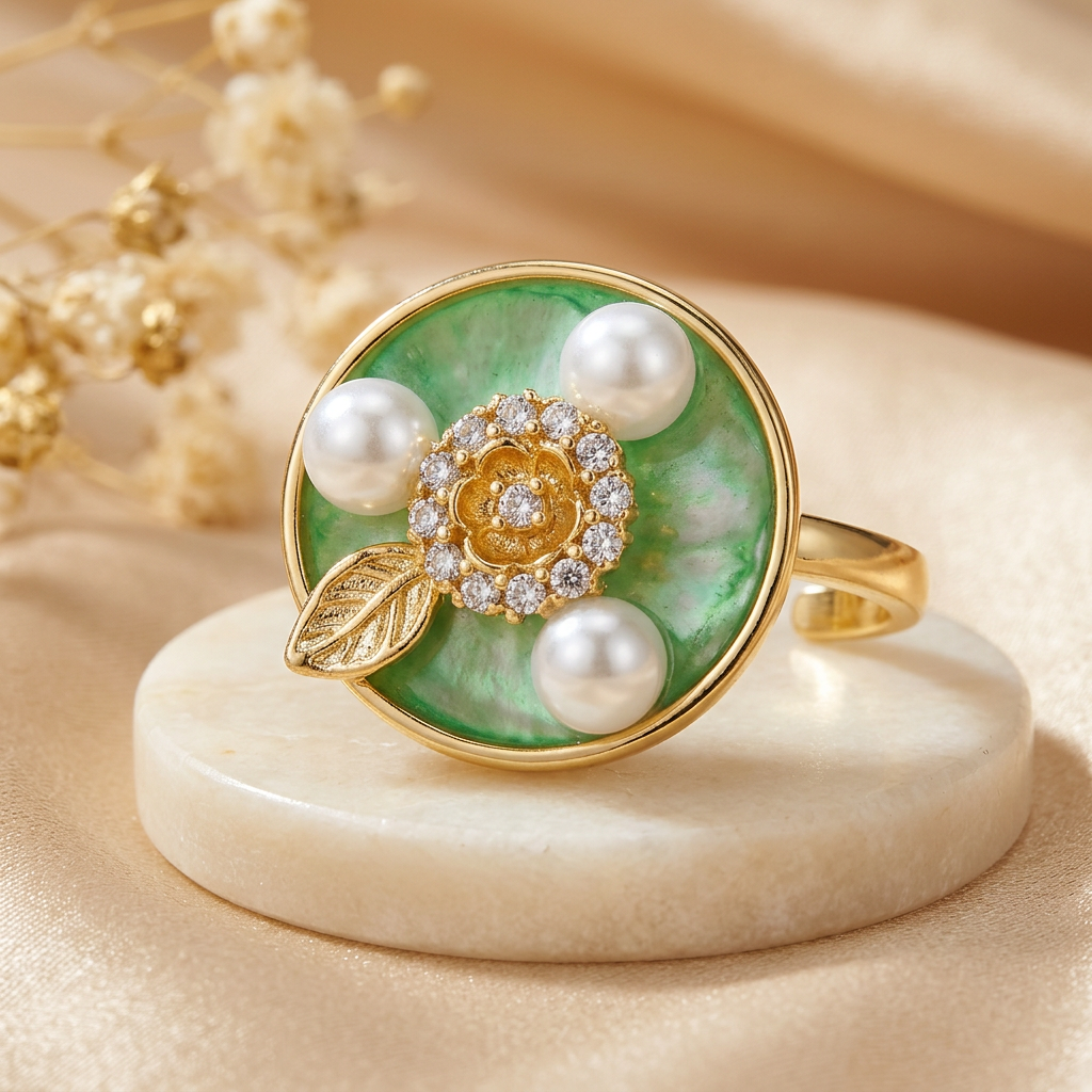 Colour-enhanced Verelle green floral ring on a cream pedestal with champagne satin