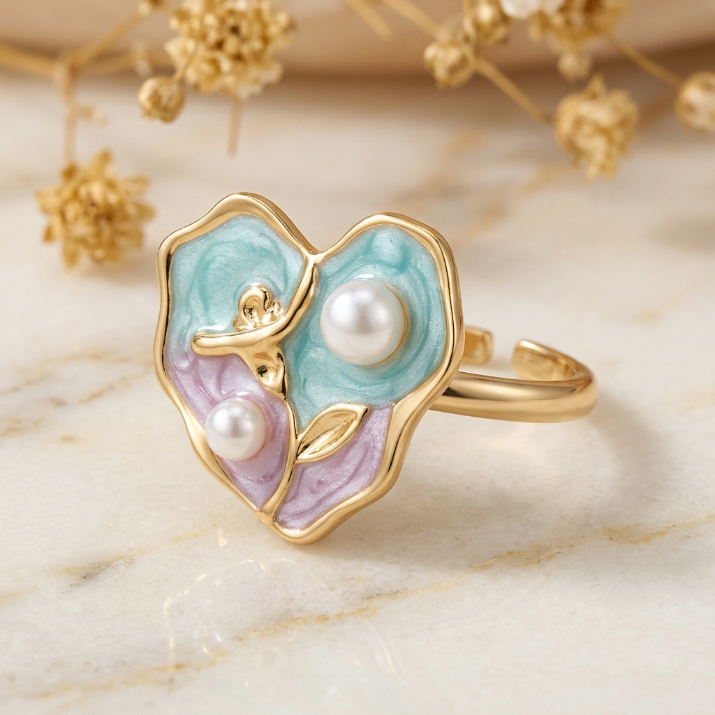 Colour-enhanced Ondelle aqua-and-lilac botanical ring on cream marble with rear opening visible