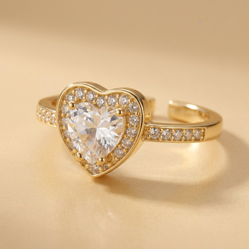 Close-up of Coeurelle clear heart centre, small clear-stone halo and gold-tone shoulder