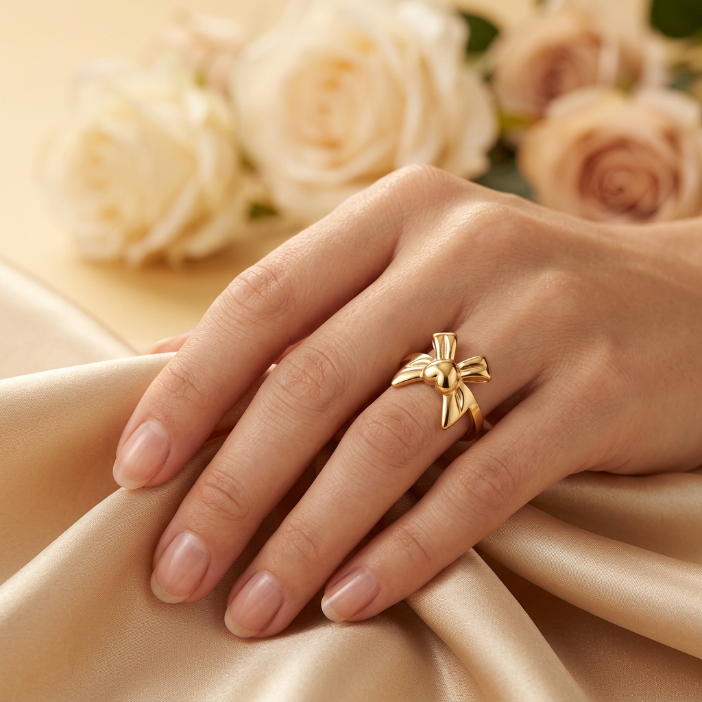 Adult model wearing a gold-tone bow-inspired ring with hand resting on folded champagne satin.