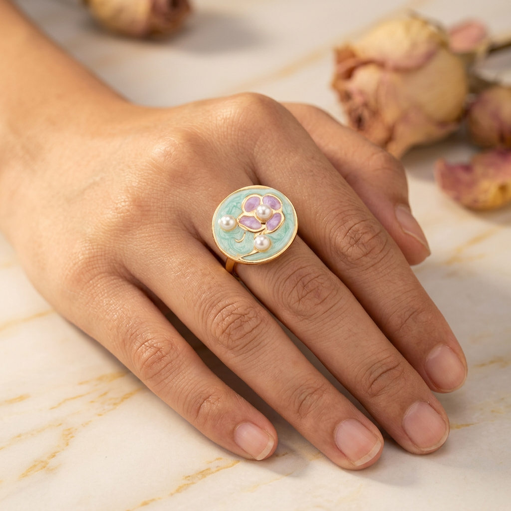Fleurette aqua and lilac oval floral ring worn on an adult hand resting on cream marble