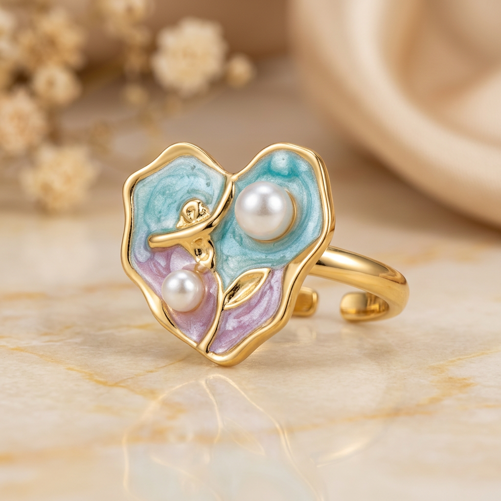 Close-up of Ondelle two pearl-like accents, curved gold-tone botanical details and pastel face