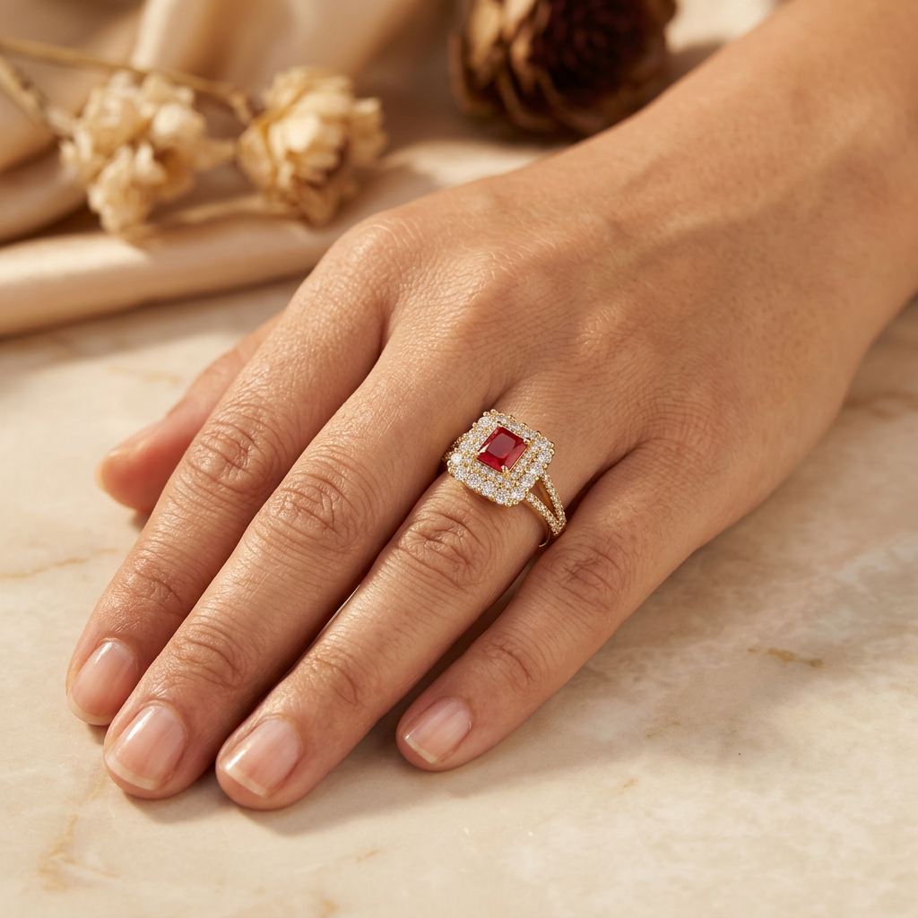 Scarlette red halo ring worn on an adult hand resting on cream marble