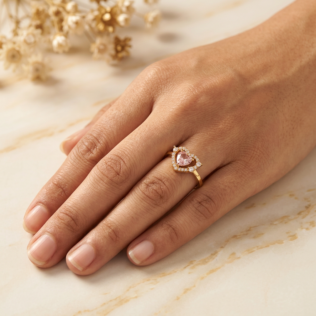 Adult hand wearing a gold-tone pale pink heart halo ring while resting naturally on cream marble.