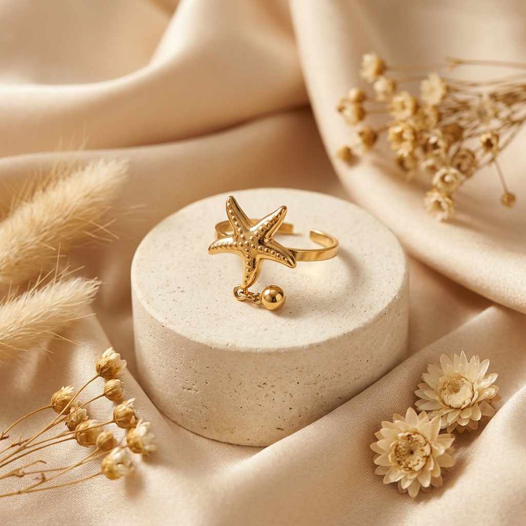 Gold-tone starfish ring on a cream pedestal surrounded by champagne satin and delicate dried flowers.