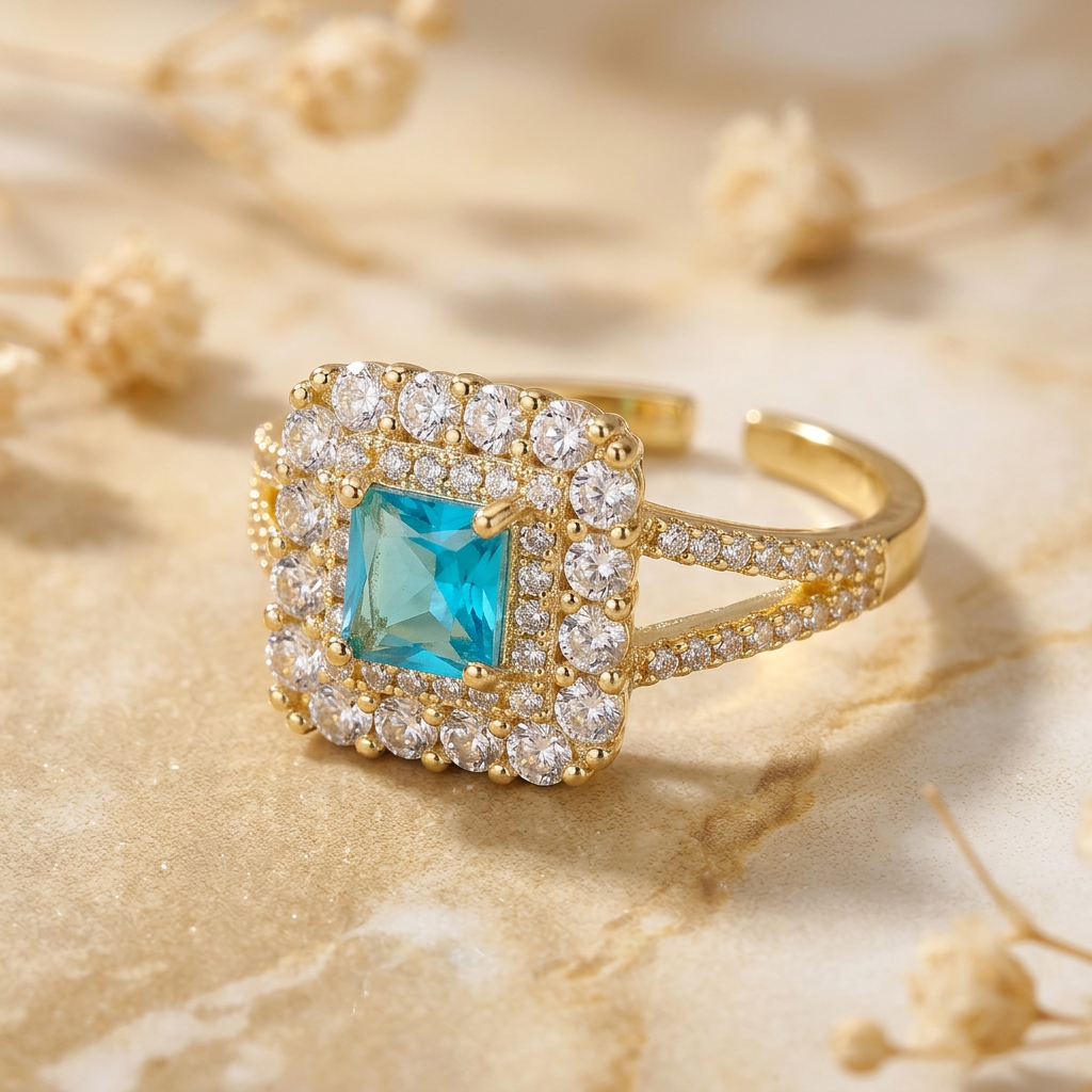 Close-up of Aquielle aqua centre, layered clear-stone halo, split shoulders and rear opening