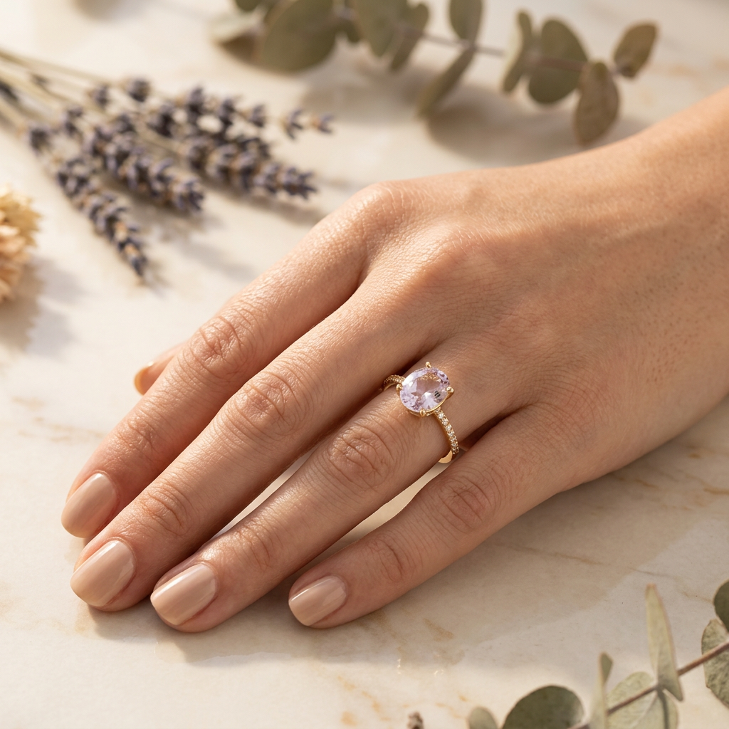 Adult hand wearing a pale lilac oval gold-tone ring while resting naturally on cream marble.