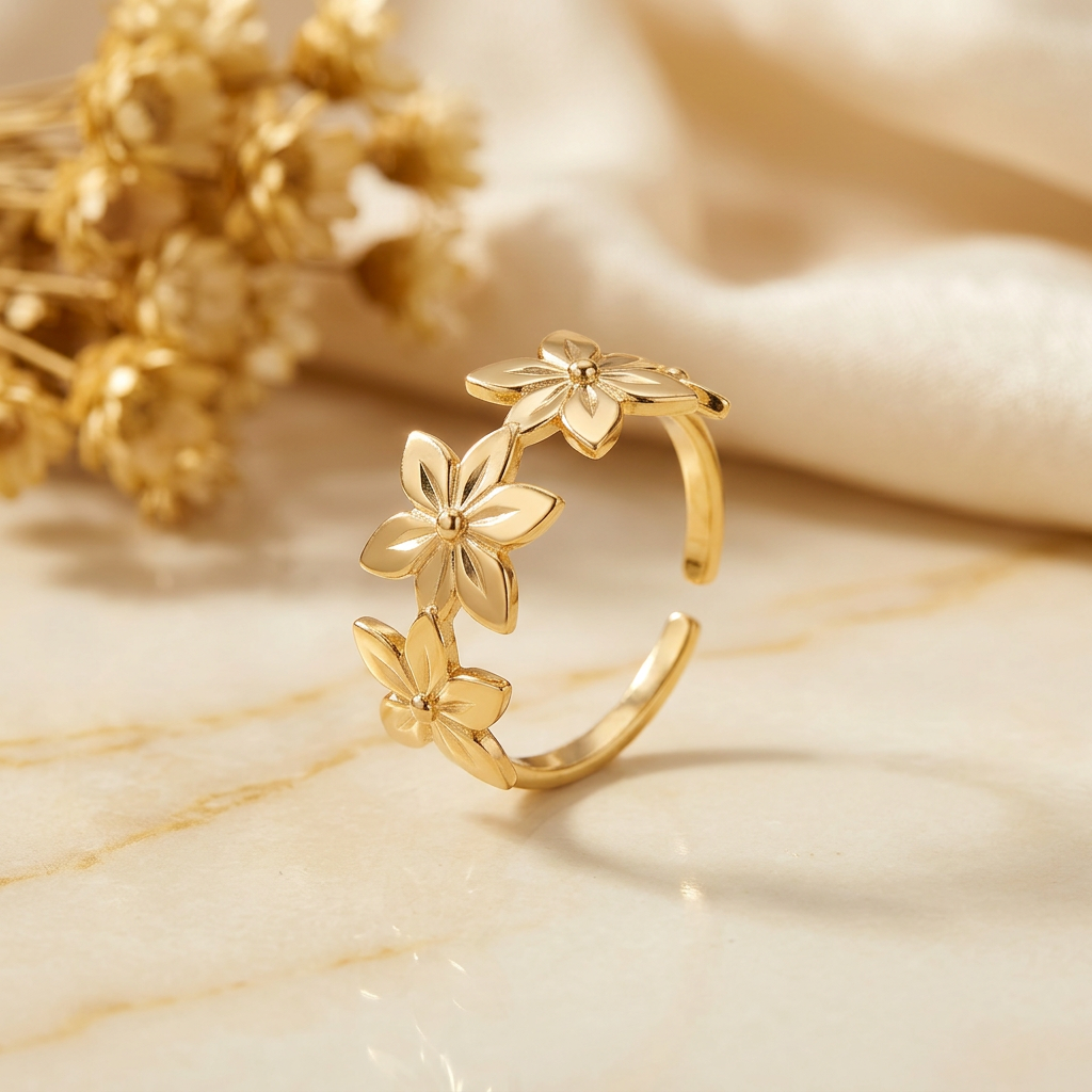 Gold-tone floral open ring on cream marble with blurred golden dried flowers.