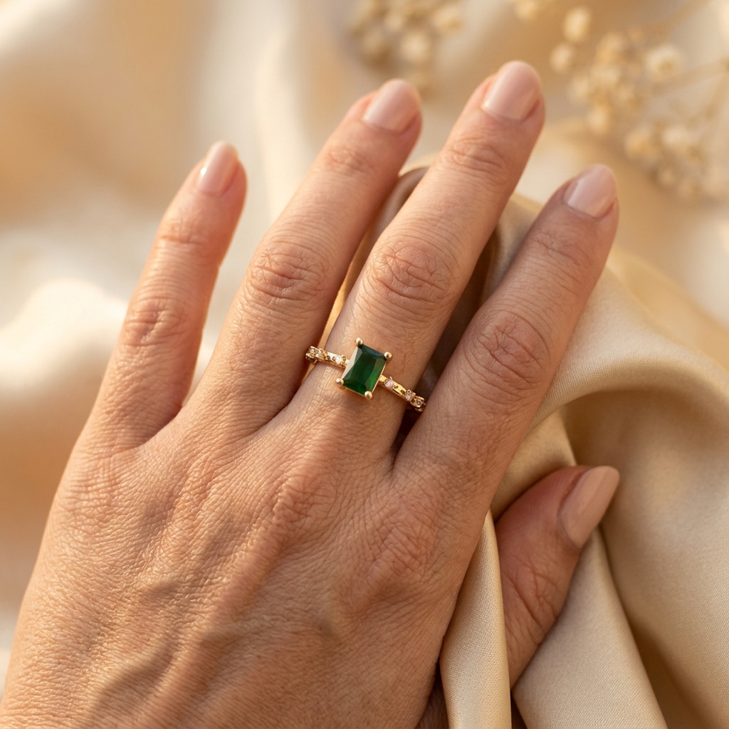 Adult hand wearing a gold-tone rectangular green-stone ring while gathering a fold of champagne satin.
