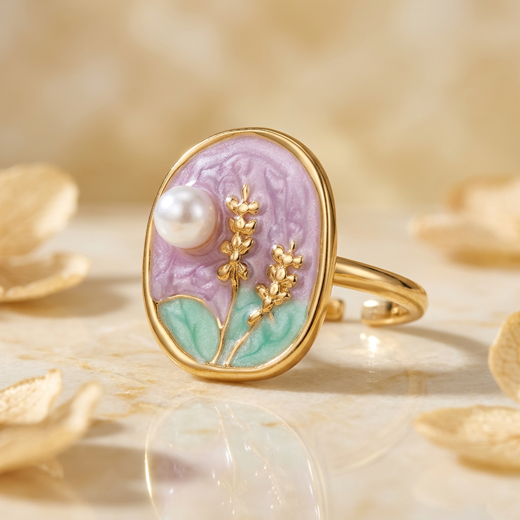 Colour-enhanced close-up of Lavielle botanical sprigs, lilac-and-mint texture and white pearl-like accent