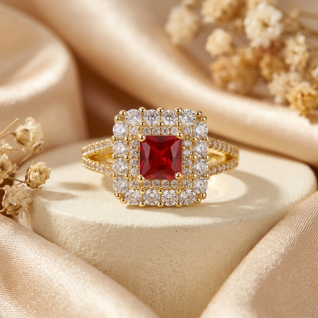 Scarlette red halo ring on cream pedestal with champagne satin and dried flowers