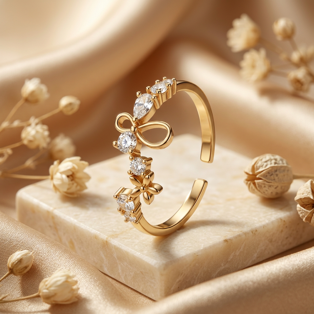 Styled gold-tone clear-stone ring on a cream pedestal surrounded by champagne satin and dried flowers.