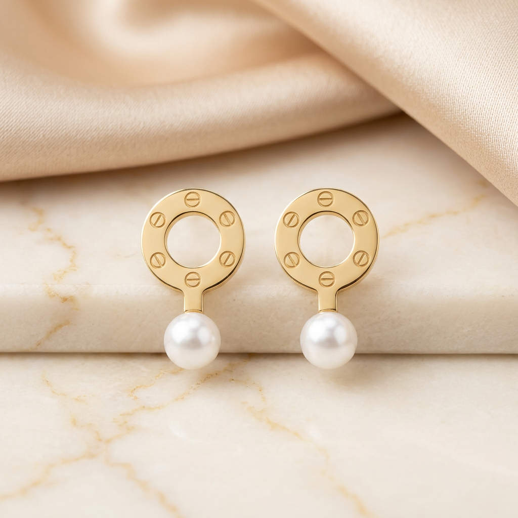 Front detail of Orlina open-circle motifs and white pearl-like drops against champagne satin