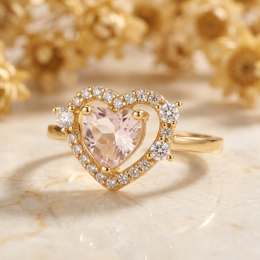 Pale pink heart ring with clear-stone heart halo on cream marble against blurred golden flowers.
