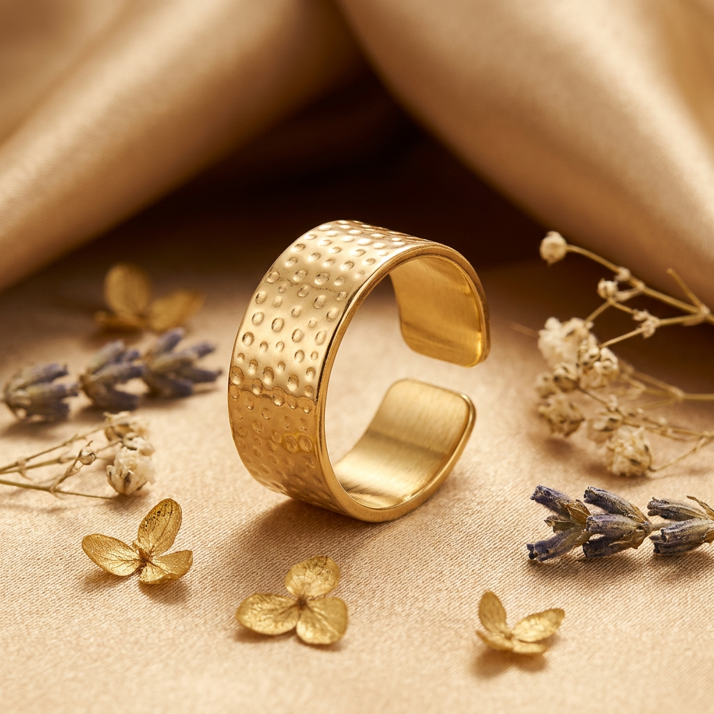 Free-size gold-tone hammered ring with visible gap on champagne satin.