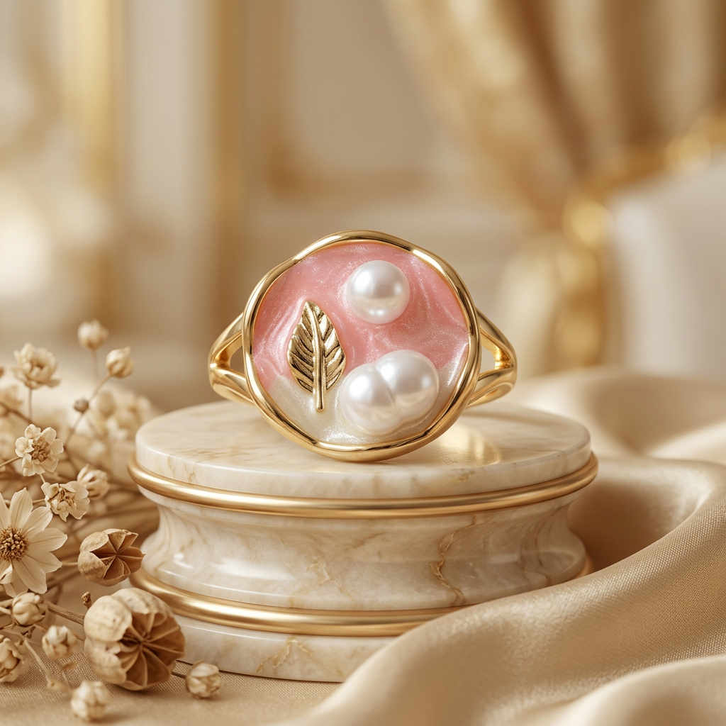 Petalune pink leaf ring on cream pedestal with champagne satin and dried flowers