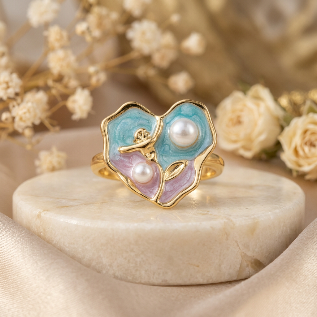 Ondelle aqua-and-lilac botanical ring on a cream pedestal with champagne satin and dried flowers