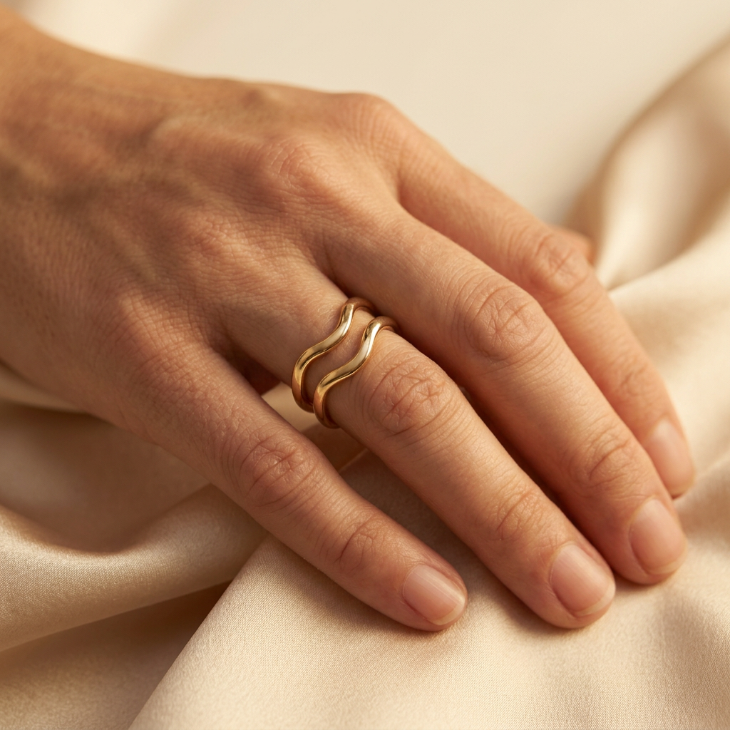 Adult model wearing gold-tone double-wave ring with hand holding champagne satin.