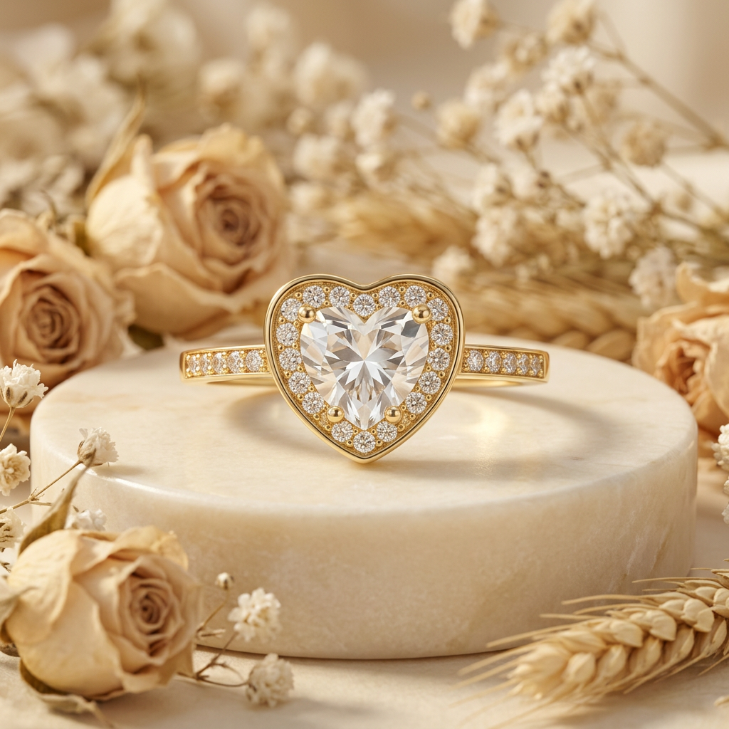 Coeurelle clear heart halo ring on cream pedestal surrounded by dried flowers