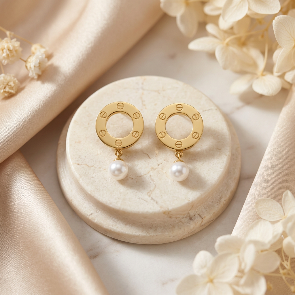 Matching Orlina earrings on a cream pedestal surrounded by champagne satin and soft florals
