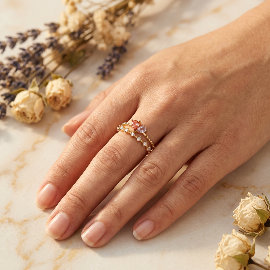 Adult hand wearing a joined peach and lilac teardrop two-row ring while resting naturally on cream marble.