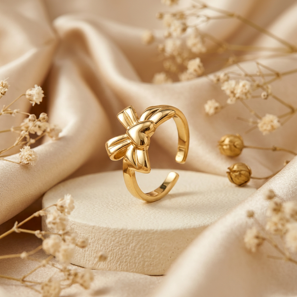 Gold-tone bow-inspired ring on a cream pedestal with champagne satin and dried flowers.