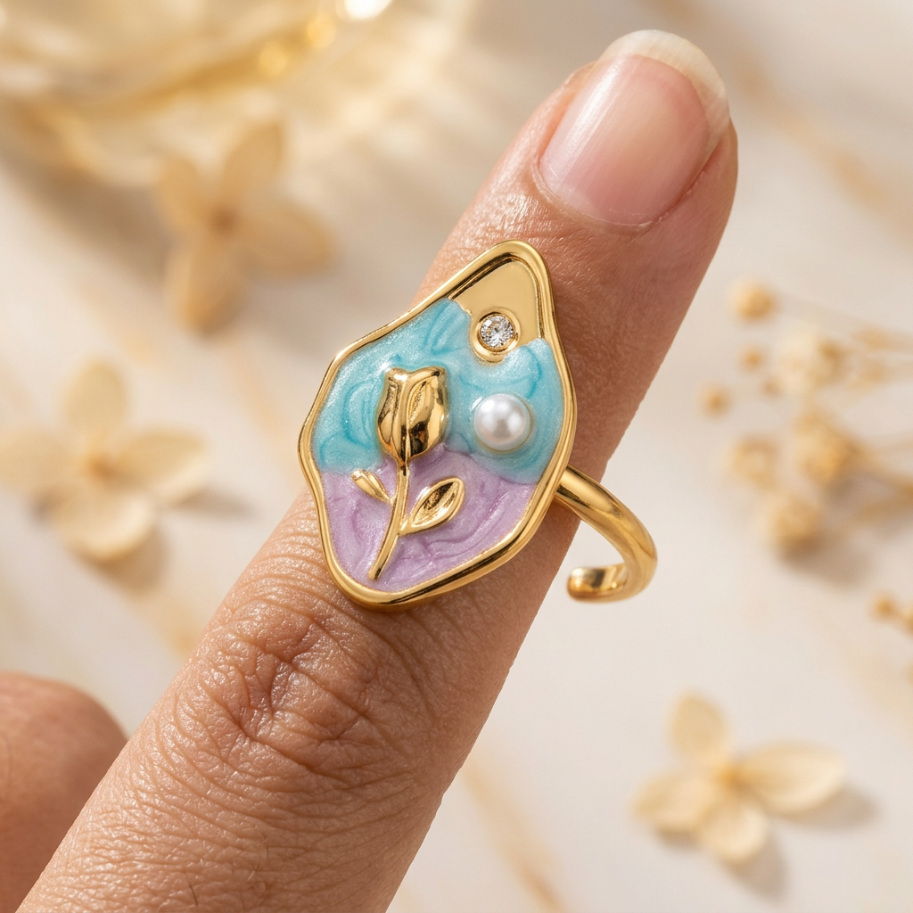 Generated close-up of Rosaline aqua-and-lilac flowerbud ring on a finger, with loose band visible