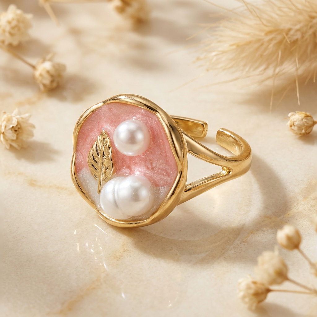 Close-up of Petalune pink face, textured leaf, three pearl-like accents and open-back band